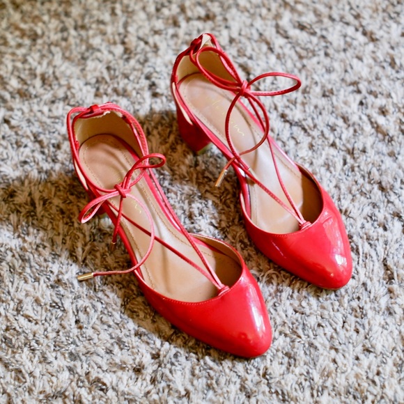 Ballerina Lace Flat Heel Pumps Red Sleek Finish - Picture 3 of 6